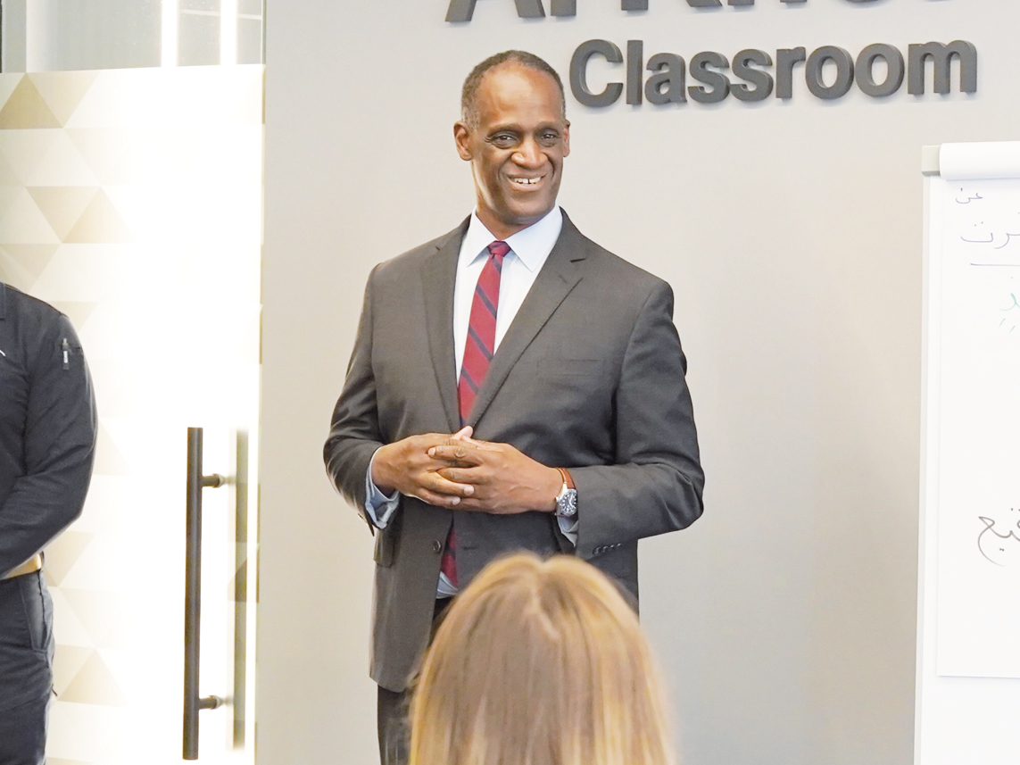 US Ambassador to Qatar H E Timmy Davis during his visit to the Qatar International Academy for Security Studies (QIASS).