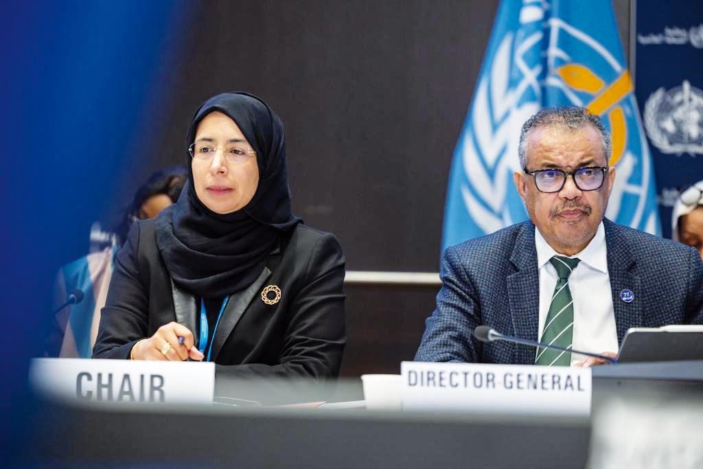 Minister of Public Health H E Dr. Hanan  Al Kuwari and WHO Director-General,  Dr. Tedros Adhanom Ghebreyesus during the session.