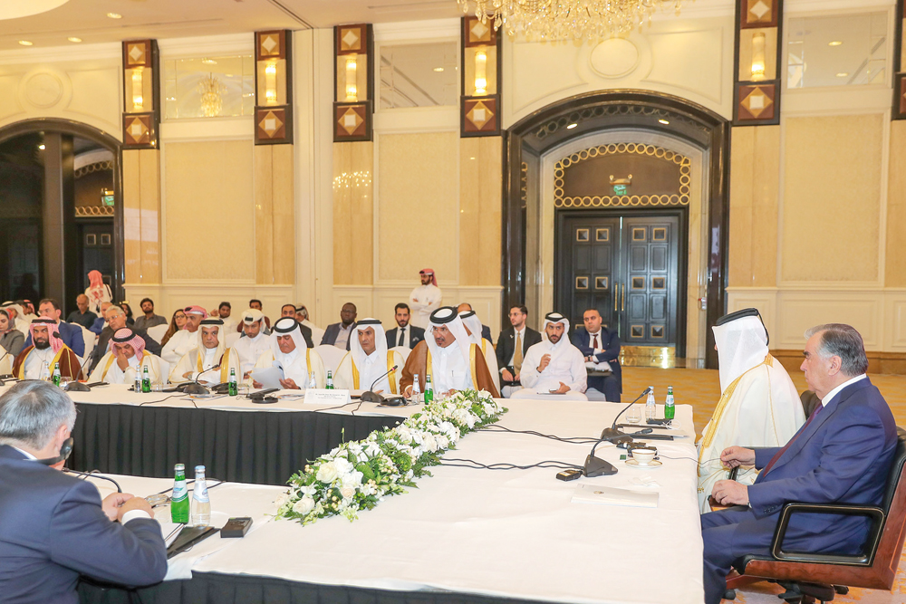 President of Tajikistan H E Emomali Rahmon attending the launch of Qatari-Tajik joint business council as QC First Vice-Chairman Mohamed bin Ahmed bin Twar Al Kuwari speaks.