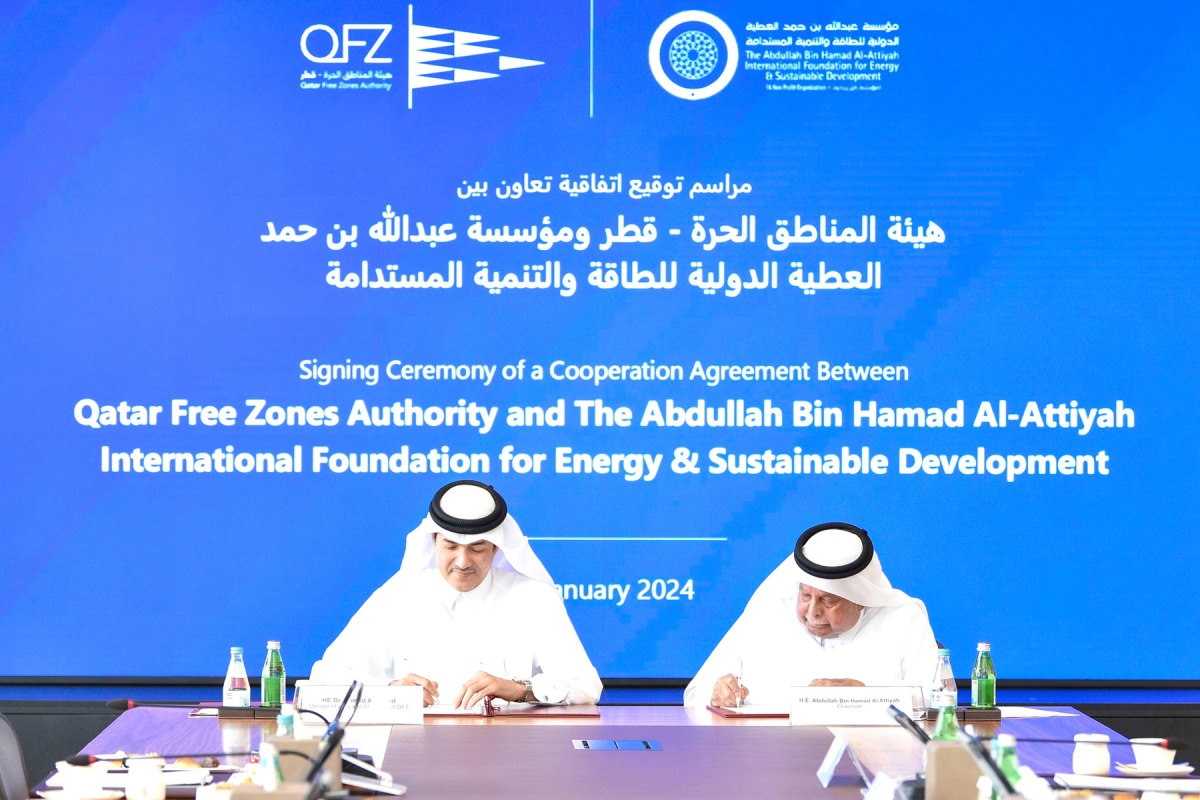 Minister of State and Chairman of Qatar Free Zones Authority H E Dr. Ahmad Al Sayed and Chairman of the Al-Attiyah Foundation H E Abdullah bin Hamad Al Attiyah signs agreement to enhance cooperation.