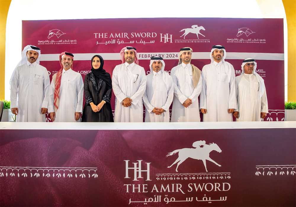 QREC Chairman Issa bin Mohammed Al Mohannadi, Acting CEO Bader Mohammed Al Darwish and Racing Manager Abdullah Rashid Al Kubaisi with representatives of sponsors for the H H The Amir Sword Festival 2024. PIC: Juahim/QREC