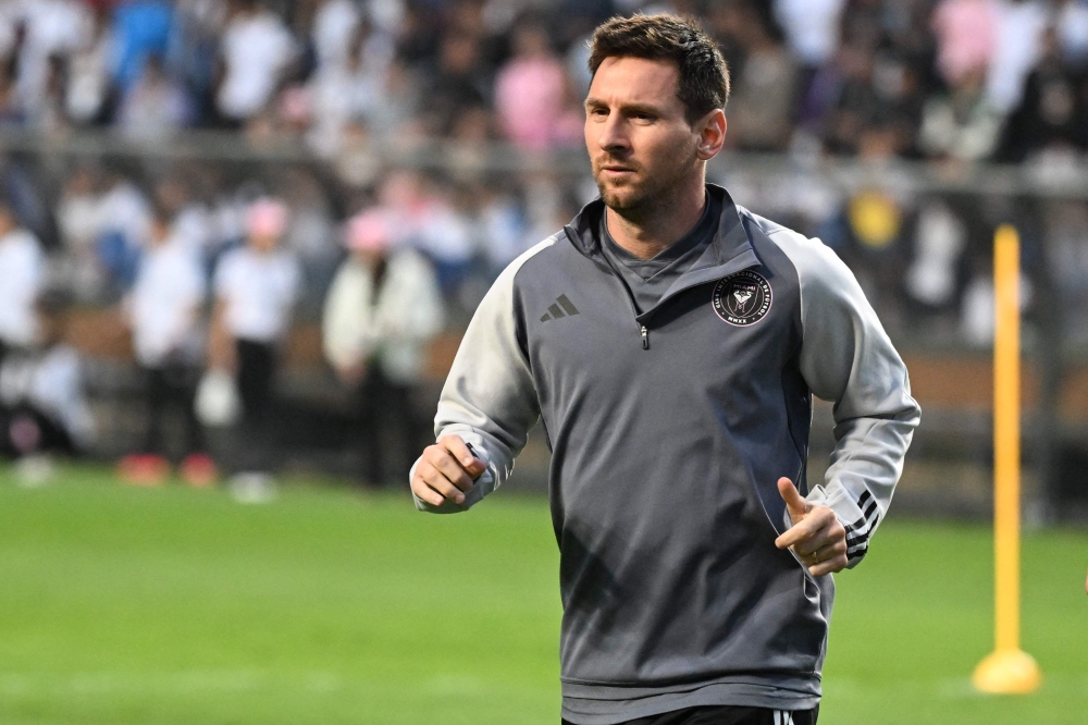 (Files) Inter Miami's Argentine forward Lionel Messi runs during training for the friendly football match between Hong Kong Team and US Inter Miami CF at the Hong Kong Stadium in Hong Kong on February 3, 2024.  (Photo by Peter Parks / AFP)