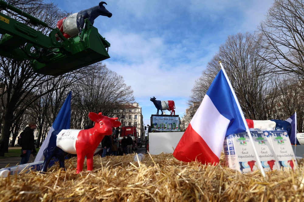 A national flag and cow scuptures are seen on a tractor as dairy farmers block the access to the Invalides esplanade during a protest against the agriculture policy in Paris on February 13, 2024. Photo by Emmanuel Dunand / AFP