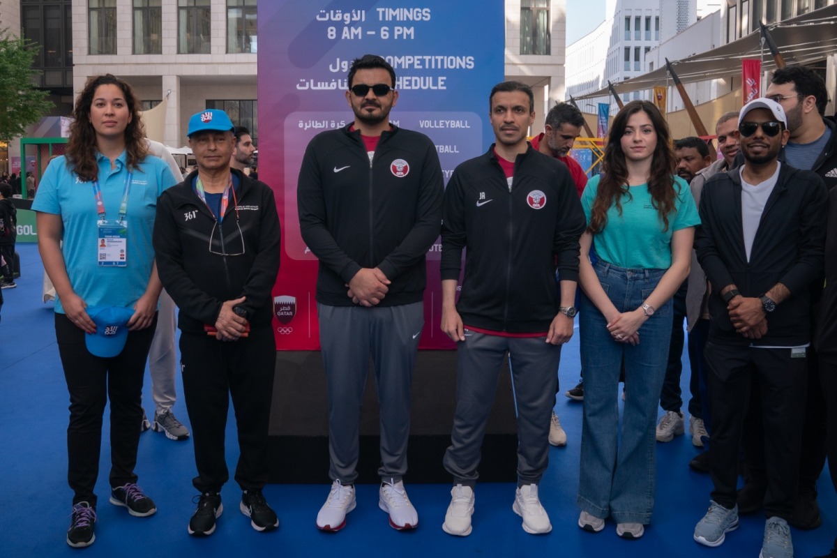 Qatar Olympic Committee (QOC) President H E Sheikh Joaan bin Hamad Al Thani with QOC Secretary General Jassim bin Rashid Al Buenain, World Aquatics President Husain Al Musallam and officials during the National Sport Day activities organised by the QOC, yesterday.