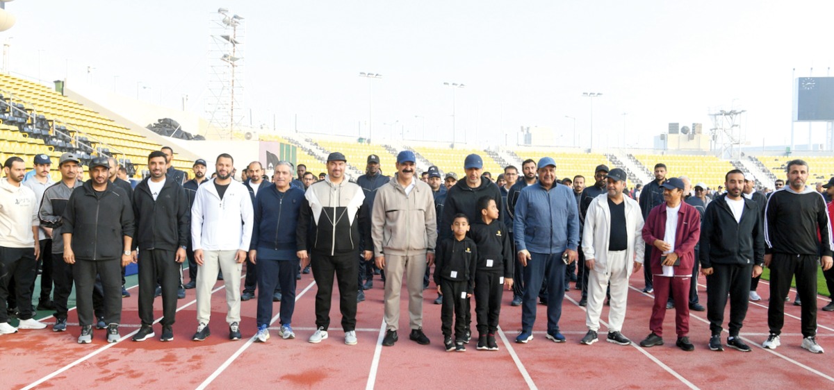 Minister of State for Interior Affairs H E Sheikh Abdulaziz bin Faisal Al Thani along with other dignitaries taking part in National Sport Day activities. 