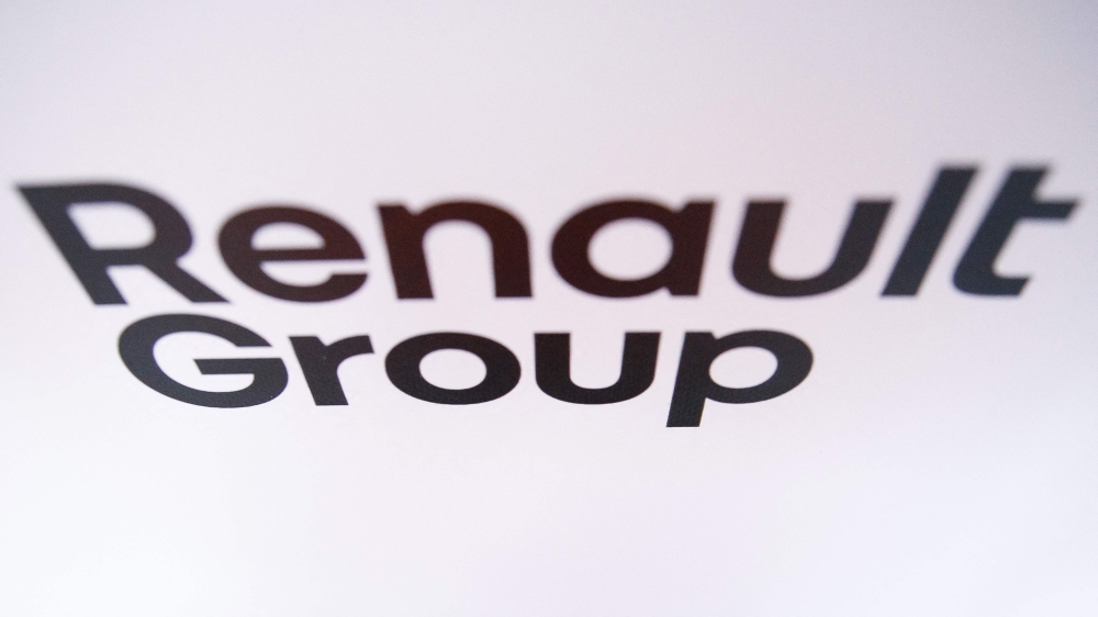 File: This photograph taken on July 5, 2022, shows the 'Renault Group' logo, at the Renault factory, in Cleon, northwestern France. (Photo by Lou Benoist / AFP)