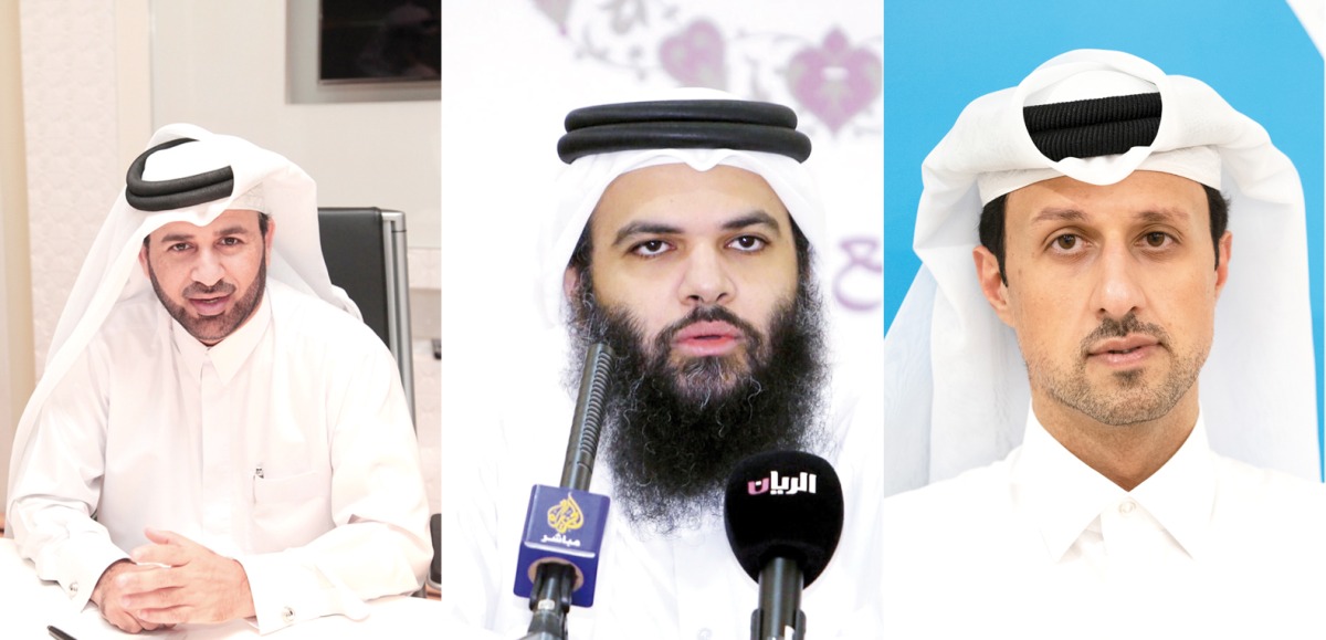 Chairman of Organizing Committee and Vice Chairman of the Board of Directors of Bait Al-Mashura Finances Consultations Prof. Dr. Khalid bin Ibrahim Al Sulaiti (left), General Directorate of Endowment Dr. Sheikh Khalid bin Mohammed bin Ghanem Al Thani (centre), and CEO of the Communications at Dukhan Bank, Talal Ahmed Al Khaja, 