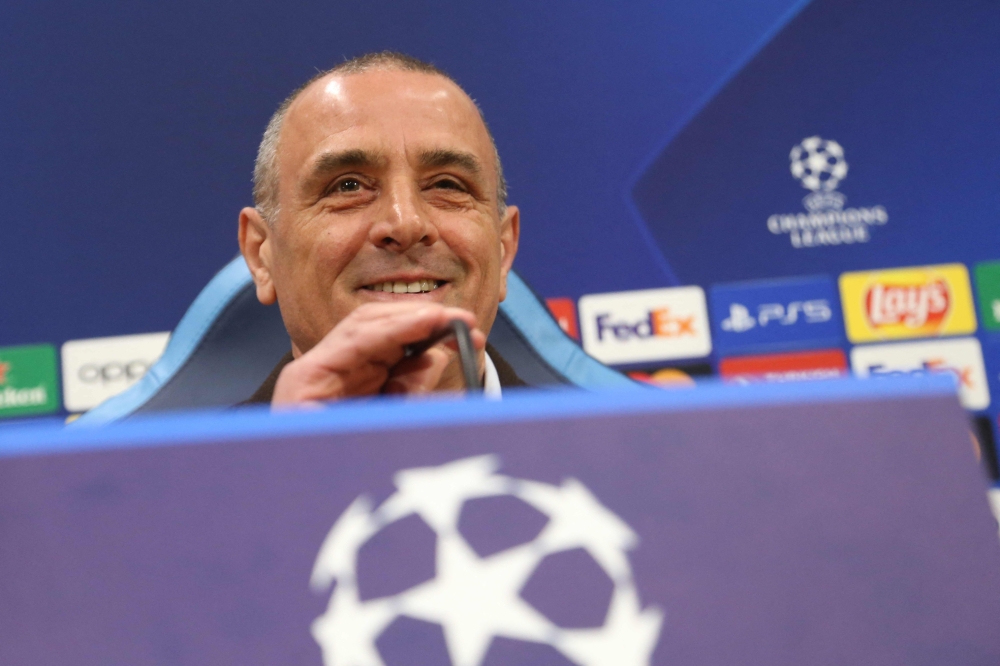 Napoli's Italian headcoach Francesco Calzona attends a press conference on the eve of the UEFA Champions League last 16 first leg football match between Napoli and Barcelona at the Diego Armando Maradona stadium on February 20, 2024. (Photo by Carlo Hermann / AFP)
