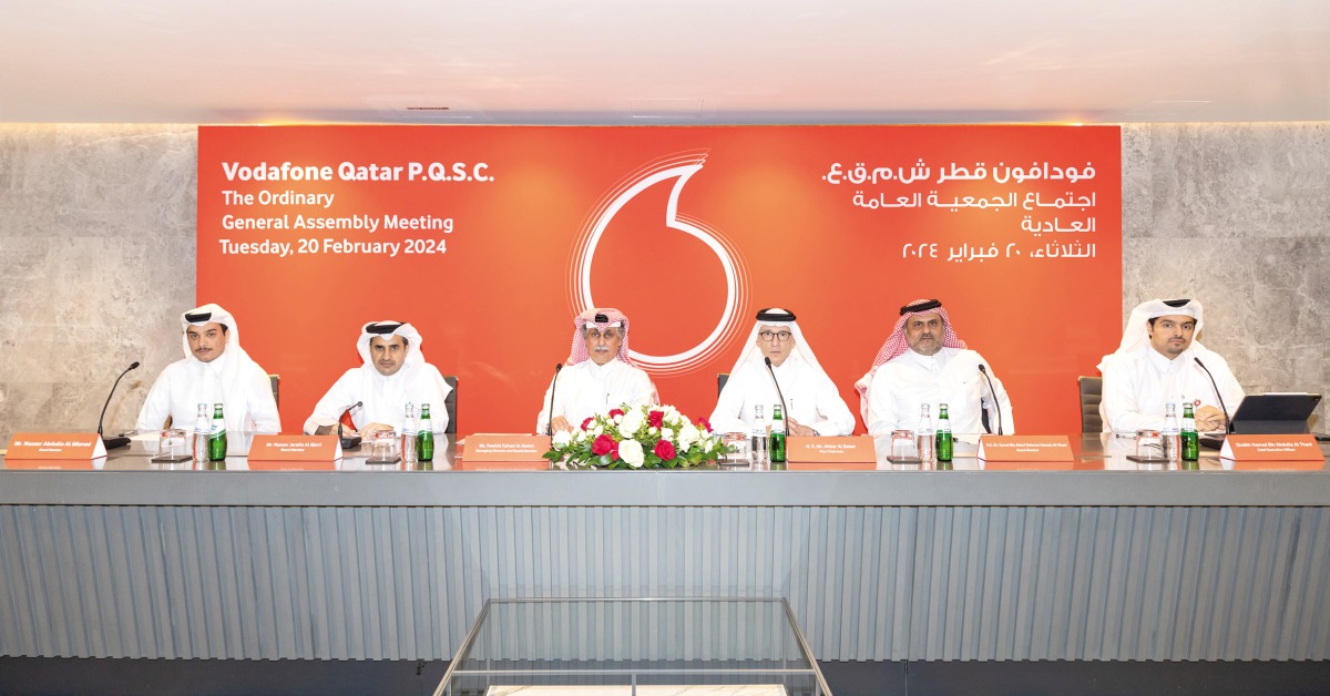 Vodafone Qatar Vice-Chairman H E Akbar Al Baker with other officials during the annual general meeting, yesterday.