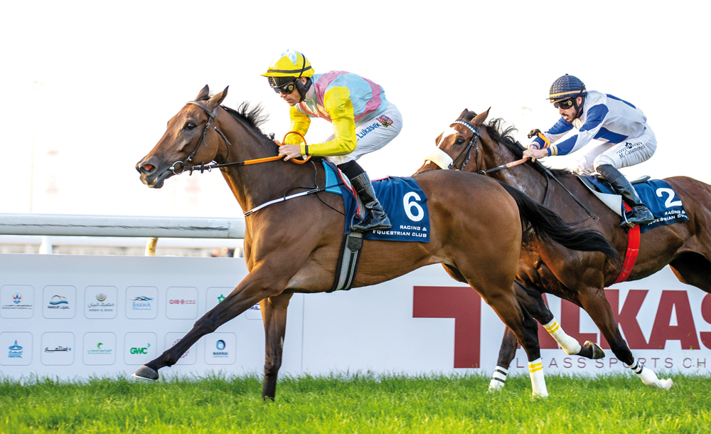 Jockey Tomas Lukasek and Al Rabban Racing’s Harb on their way to win the Al Uqda Local Thoroughbred Trophy at Al Uqda Racecourse, yesterday. PIC: Juhaim/QREC