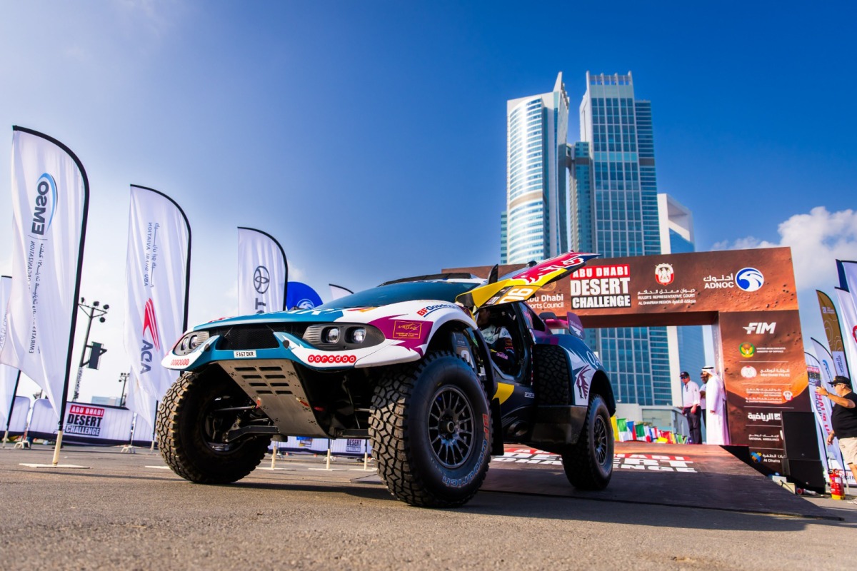 Nasser Saleh Al Attiyah drives his Prodrive Hunter during the ceremonial start of the Abu Dhabi Desert Challenge, yesterday. 