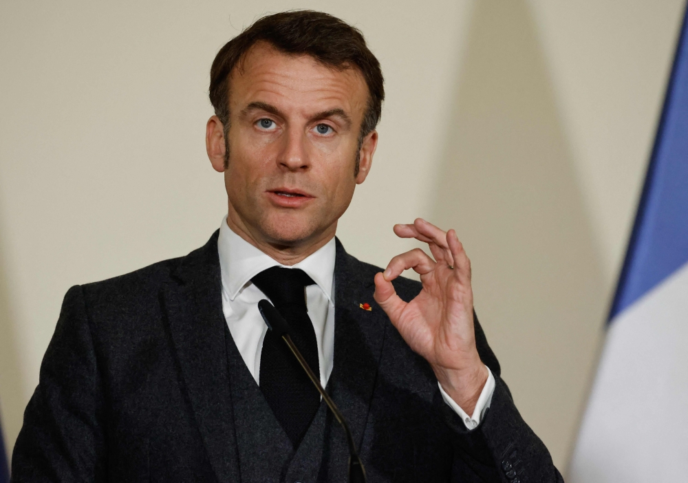 French President Emmanuel Macron speaks during a press conference with Czech Republic's Prime Minister at the Czech government's headquarters on March 5, 2024 in Prague, Czech Republic. (Photo by Ludovic MARIN / AFP)
