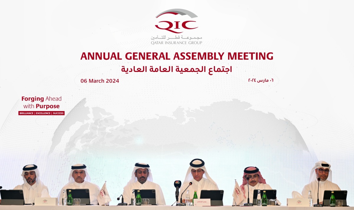 QIC Group Chairman Sheikh Hamad bin Faisal bin Thani Jasim Al Thani with other officials during the General Assembly Meeting, yesterday.