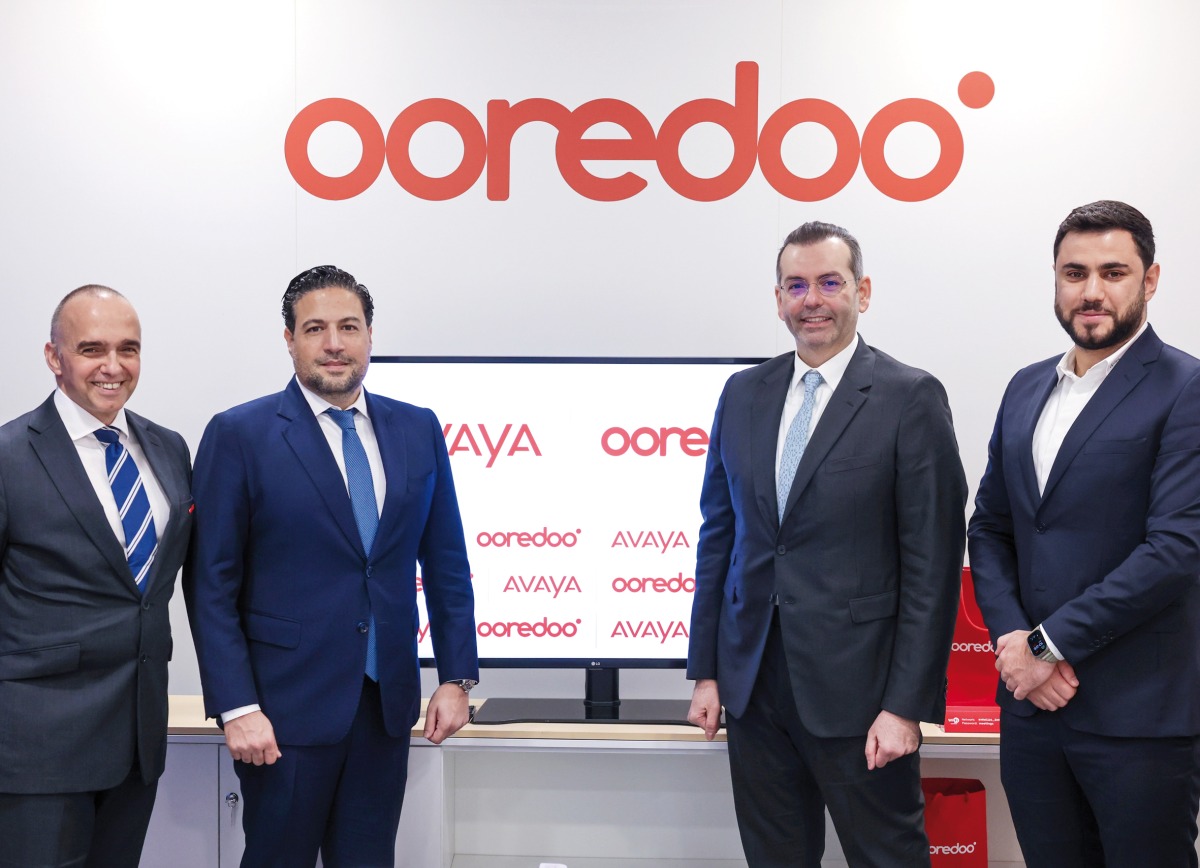 Ooredoo's Group Regional CEO Ahmad Abdulaziz Al Neama (second right); Vice President – Service Providers, Avaya International, Nour Al Atassi (second left); and other officials at the partnership launch. 