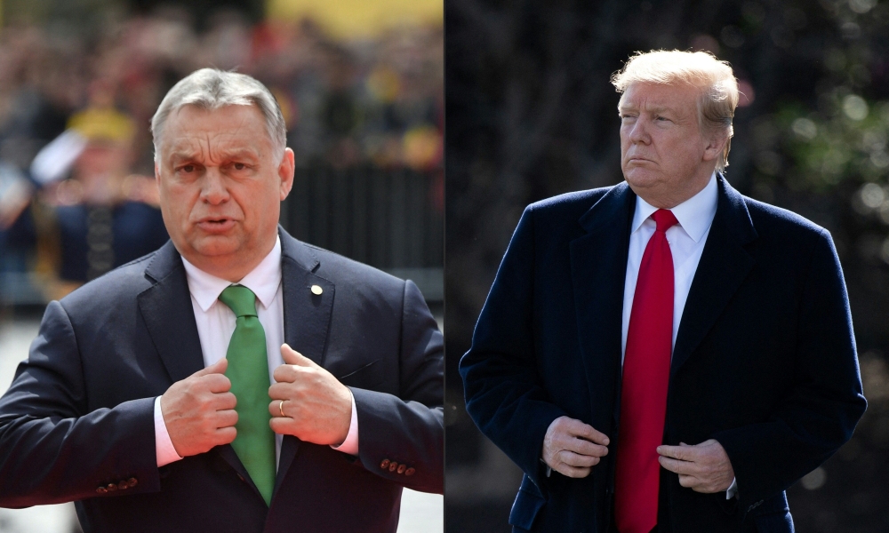 (FILES) (COMBO) This combination of file pictures created on May 12, 2019 shows a photo taken on May 9, 2019 of Hungary's Prime Minister Viktor Orban (L) reacting as he arrives for an EU summit in Sibiu, central Romania on May 9, 2019, and a photo taken on March 28, 2019 of US President Donald Trump speaking before leaving for Michigan to hold a campaign rally before spending the weekend in Florida. (Photo by Daniel MIHAILESCU and SAUL LOEB / AFP)
