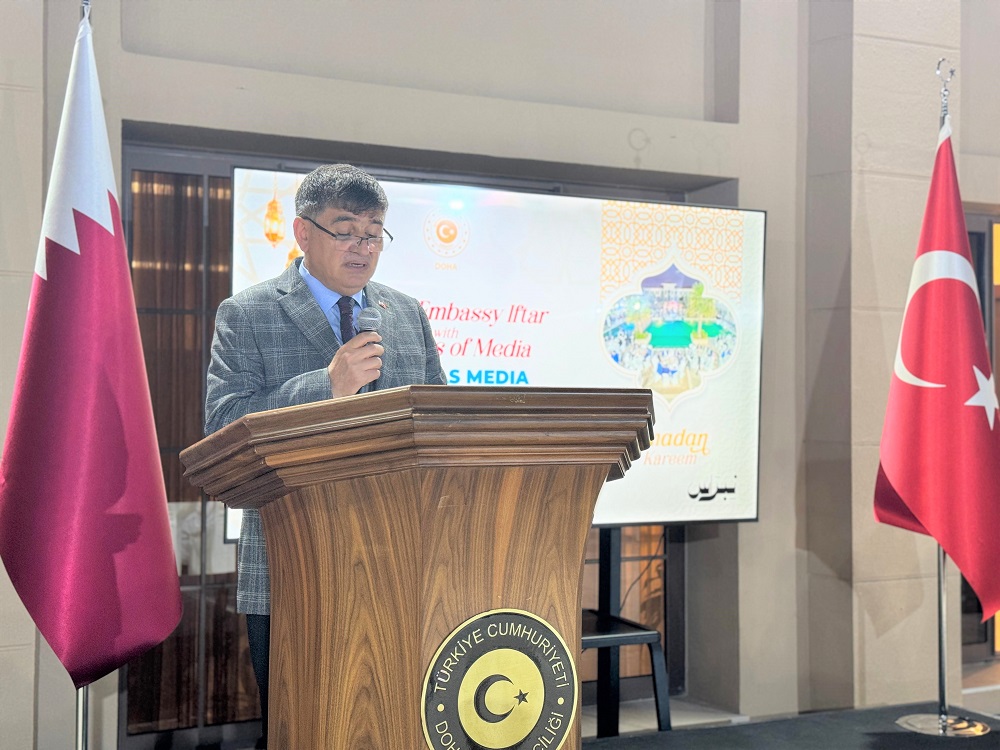 Ambassador of Turkiye to Qatar H E Dr. Mustafa Goksu addressing an Iftar gathering at the Embassy premises, yesterday.   