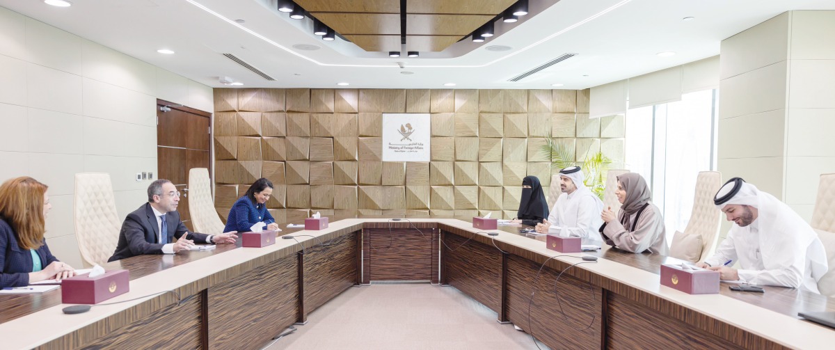 Minister of State for International Cooperation at the Ministry of Foreign Affairs H E Lolwah bint Rashid Al Khater (second right) with Ambassador of the Arab Republic of Egypt to Qatar H E Amr Kamal El Din El Sherbini (second left) during their meeting yesterday.
