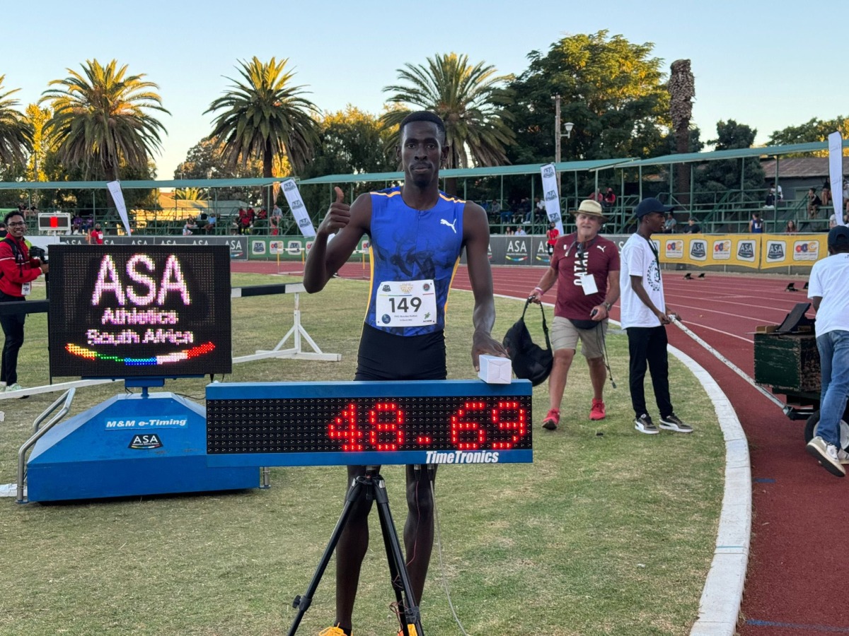 Ismail Doudai Abakar celebrates after winning the men's 400m hurdles event at the ASA Athletics Grand Prix 1 / Continental Tour Challenger 2024.