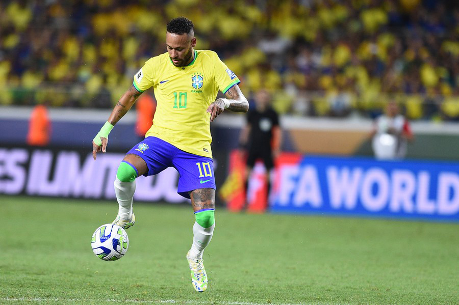 Brazil's Neymar controls the ball during the 2026 World Cup qualifier match against Bolivia at the Olympic Stadium of Para in Belem, Brazil on Sept. 8, 2023. (Photo by Lucio Tavora/Xinhua)