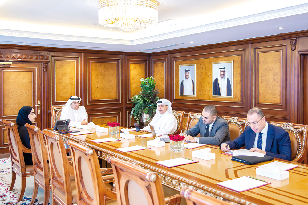 Minister of Labour and Chairman of the Board of Directors of Qatar Manpower Solutions Company (Jusour), H E Dr. Ali bin Smaikh Al Marri, chairing a meeting of the Board of Directors of Jusour yesterday.
