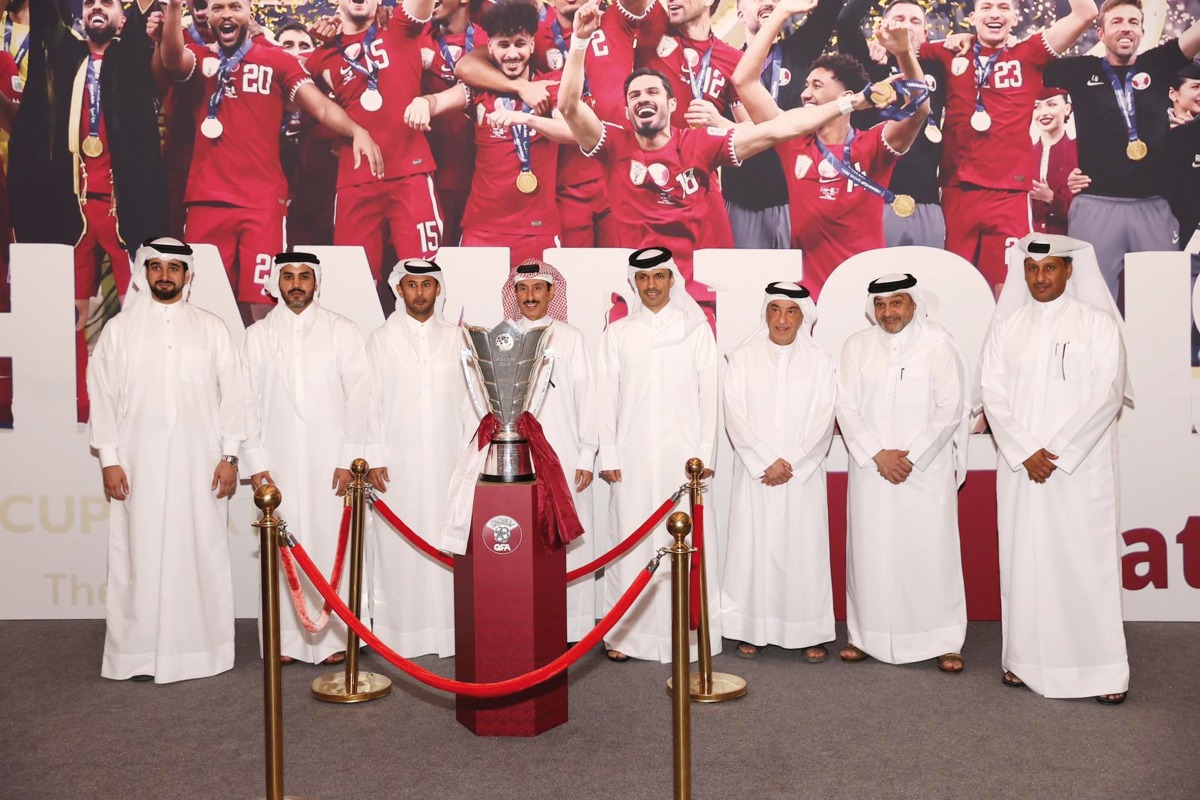Qatar Football Association (QFA) President Jassim bin Rashid Al Buainain with QFA, Qatar Stars League and club officials during a Ramadan ghabga.

