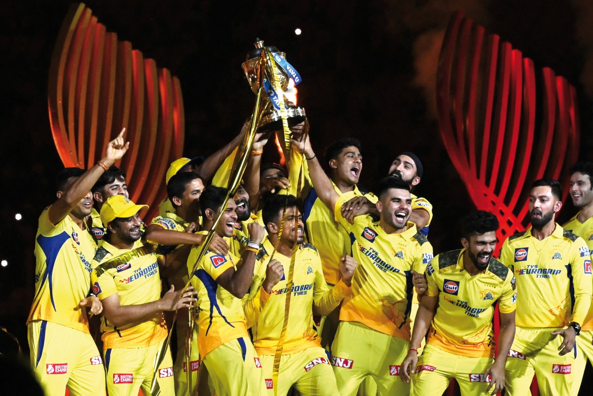 Chennai Super Kings’ players celebrate with the trophy after winning the 2023 IPL title, in this file photo. Photo Credit: AFP