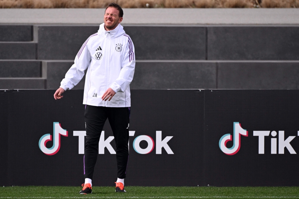Germany's head coach Julian Nagelsmann oversees a training session of the German national football team on March 21, 2024 in Frankfurt am Main, western Germany. (Photo by Kirill Kudryavtsev / AFP)