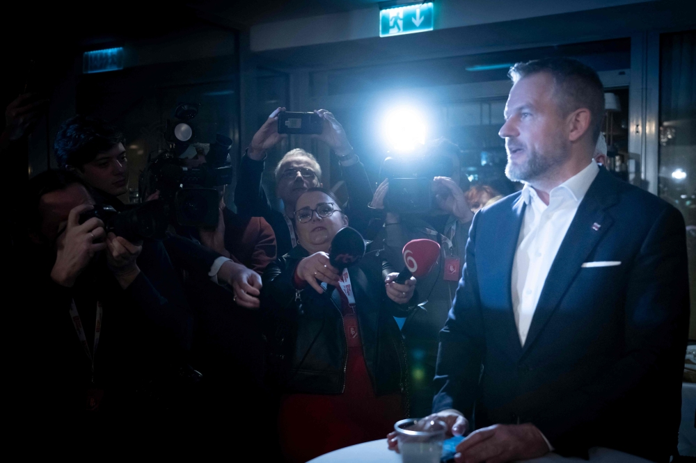 Peter Pellegrini speaks to journalists during the first round of Slovak presidential elections on March 23, 2024 in Bratislava, Slovakia. (Photo by VLADIMIR SIMICEK / AFP)
