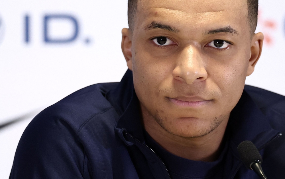 France's forward Kylian Mbappe holds a press conference in Marseille, southern France, on March 25, 2024, on the eve of a friendly football match between France and Chile at the Velodrome stadium. (Photo by FRANCK FIFE / AFP)
