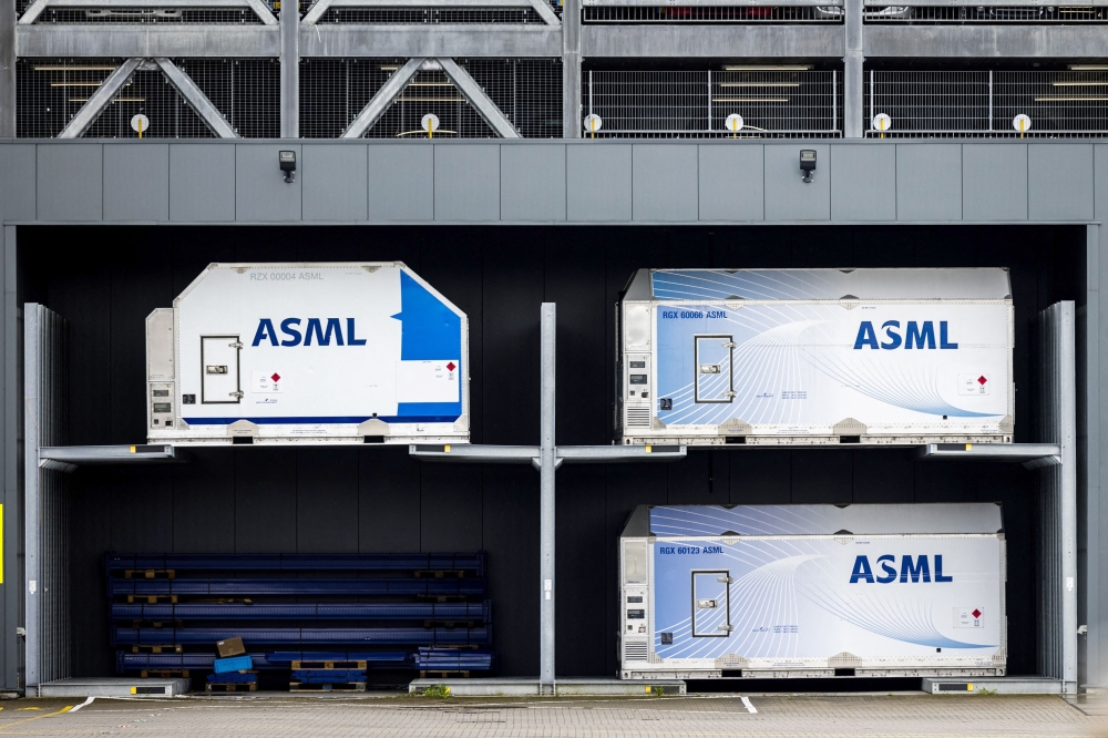 Taken on March 27, 2024 in Veldhoven shows containers of Dutch tech giant ASML, which supplies chipmaking machines to the semiconductor industry. Photo by ROB ENGELAAR / ANP / AFP. 