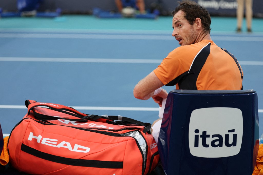 Andy Murray of Great Britain looks on after losing in three sets against Tomas Machac of the Czech Republic on Day 9 of the Miami Open at Hard Rock Stadium on March 24, 2024 in Miami Gardens, Florida. Al Bello/Getty Images/AFP