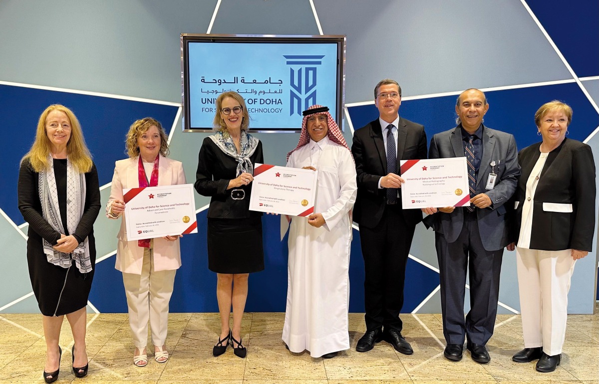 President of UDST Dr. Salem Al Naemi (centre) with Accreditation Canada CEO, Lauralee Thompson and other officials at the event.