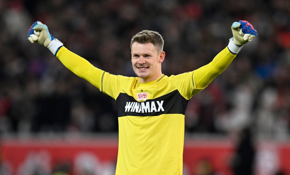 Stuttgart's German goalkeeper #33 Alexander Nuebel reacts at the end of the German first division Bundesliga football match between VfB Stuttgart and FC Augsburg in Stuttgart, southern Germany, on December 20, 2023. Photo by THOMAS KIENZLE / AFP