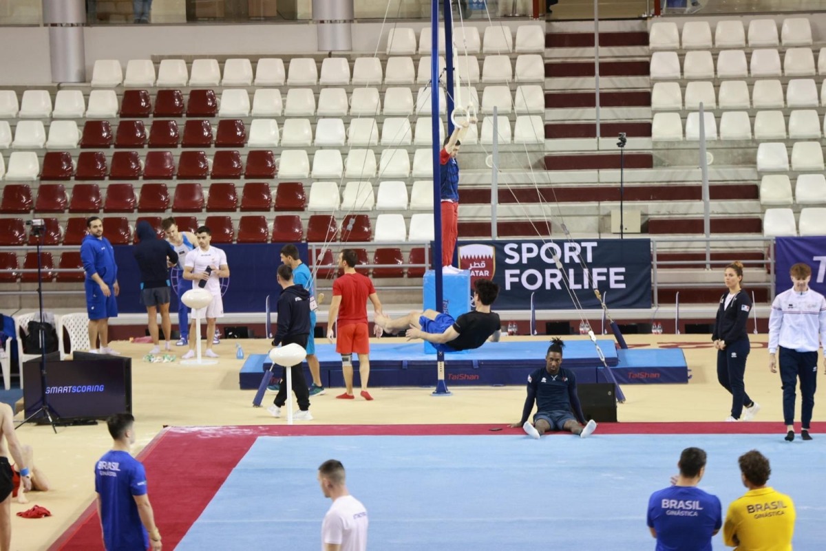 Gymnasts during a training session yesterday.
