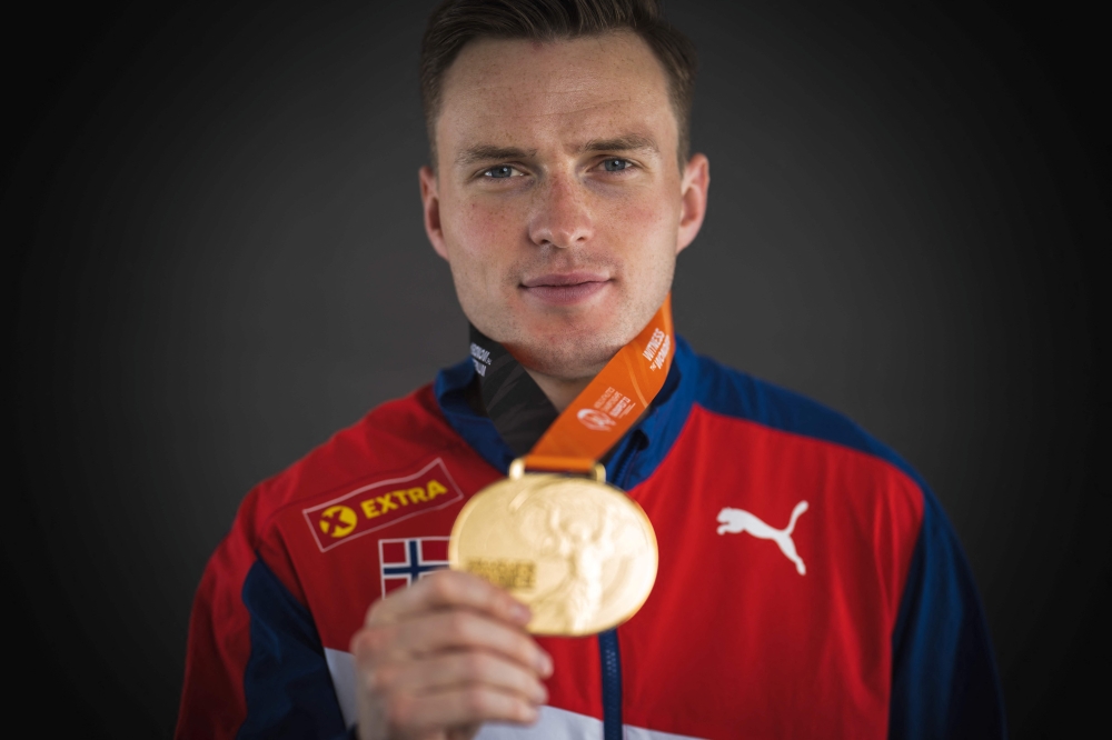 (Files) Men's 400m hurdles gold medalist, Norway's Karsten Warholm poses for portraits during a studio photo session on the sidelines of the World Athletics Championships at the National Athletics Centre in Budapest on August 24, 2023. (Photo by Andrej Isakovic / AFP)
