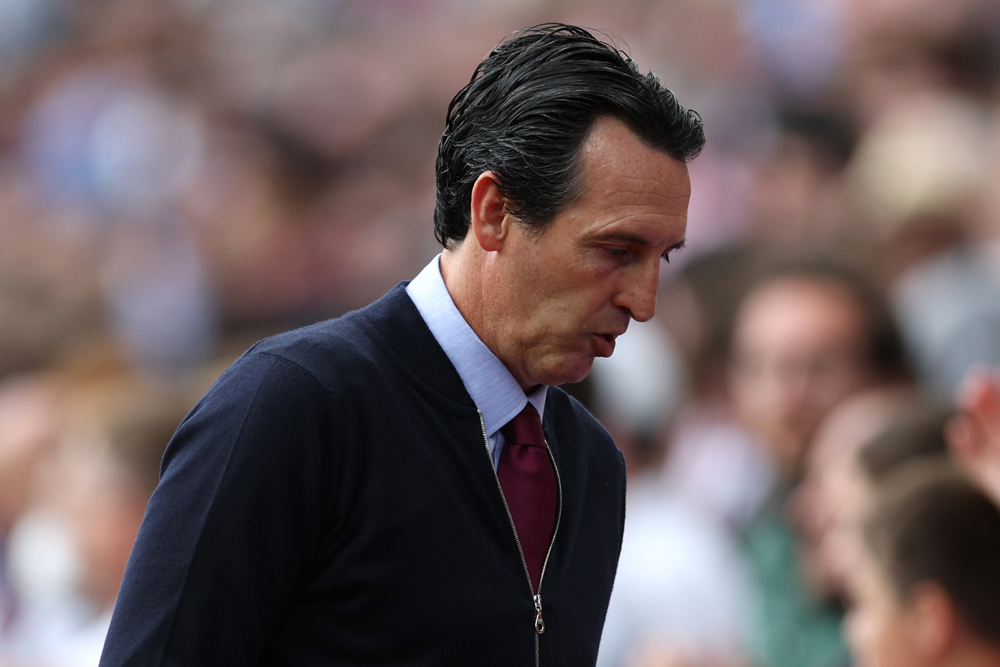 Aston Villa's Spanish head coach Unai Emery walks off the pitch at half-time during the English Premier League football match between Aston Villa and Everton at Villa Park in Birmingham, central England on August 20, 2023. Photo by Adrian DENNIS / AFP

