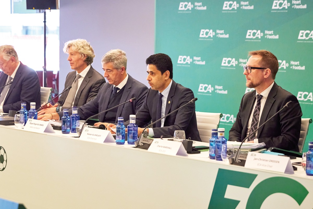 ECA Chairman Nasser Al Khelaifi (second right) speaks during the meeting.   