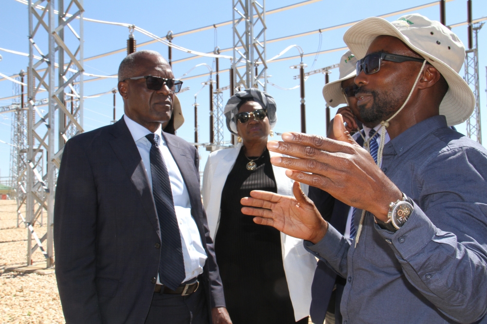 Namibian Minister of Mines and Energy Tom Alweendo (1st L) visits the Auas substation in Windhoek, Namibia, on April 26, 2024. (Photo by Musa C Kaseke/Xinhua)
