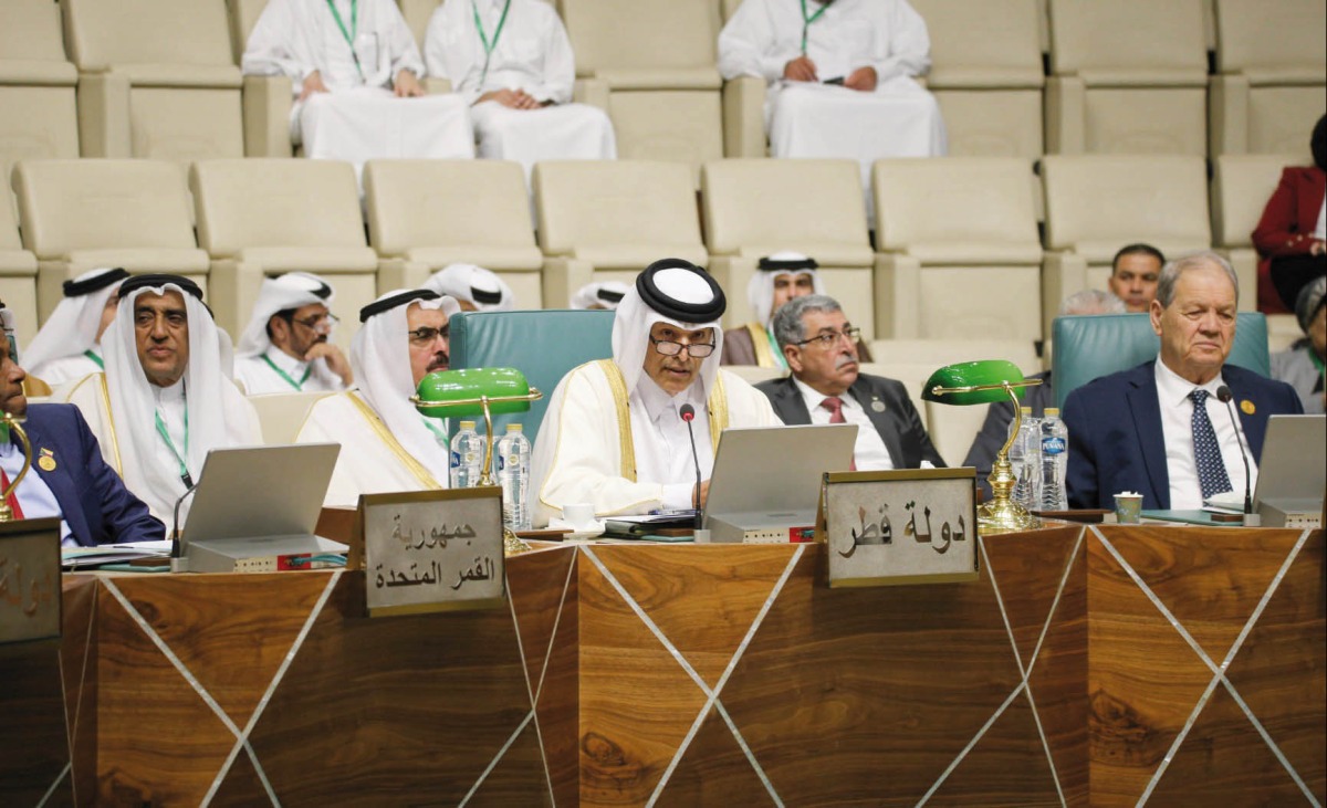 Speaker of the Shura Council H E Hassan bin Abdullah Al Ghanim addressing the 6th conference of the Arab Parliament and Speakers of Arab Councils and Parliaments held at the Arab League headquarters in Cairo yesterday.