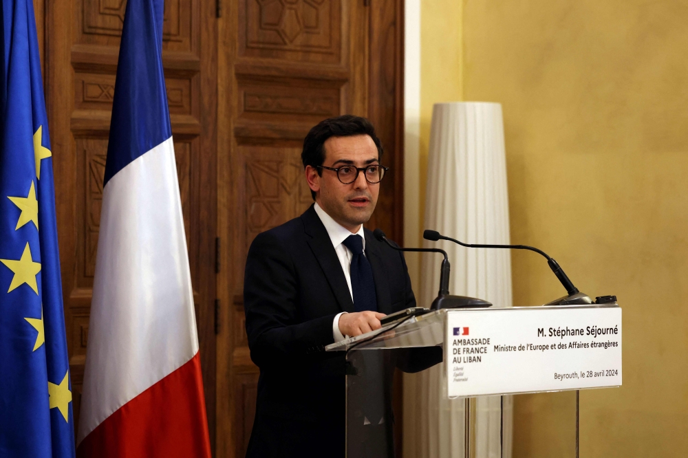 France's Foreign Minister Stephane Sejourne speaks during a press conference at the Pine Palace in Beirut on April 28, 2024. (Photo by anwar amro / AFP)
