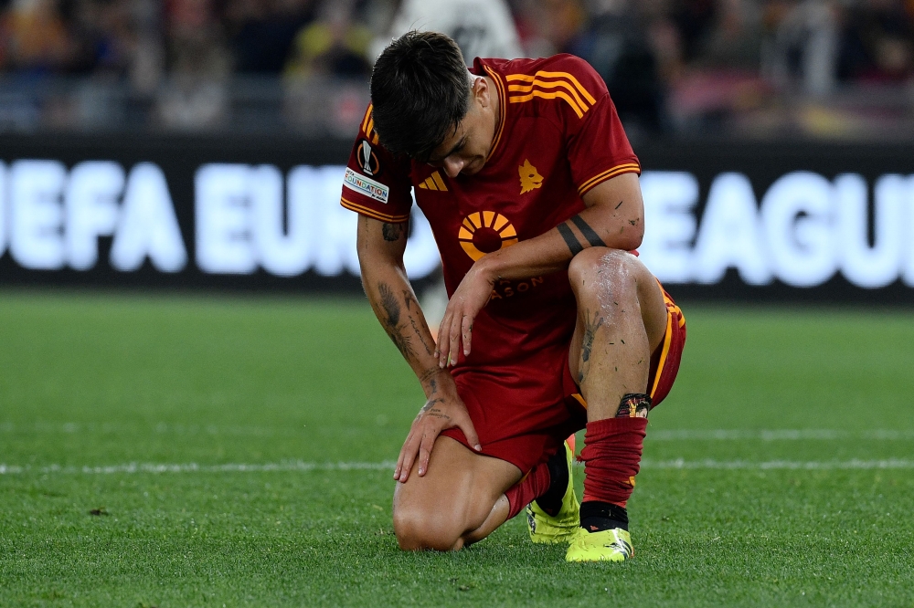 Roma's Argentine forward #21 Paulo Dybala reacts during the UEFA Europa League semi final first leg football match between AS Roma and Bayern Leverkusen at the Olympic stadium on May 2, 2024 in Rome. (Photo by Filippo MONTEFORTE / AFP)
