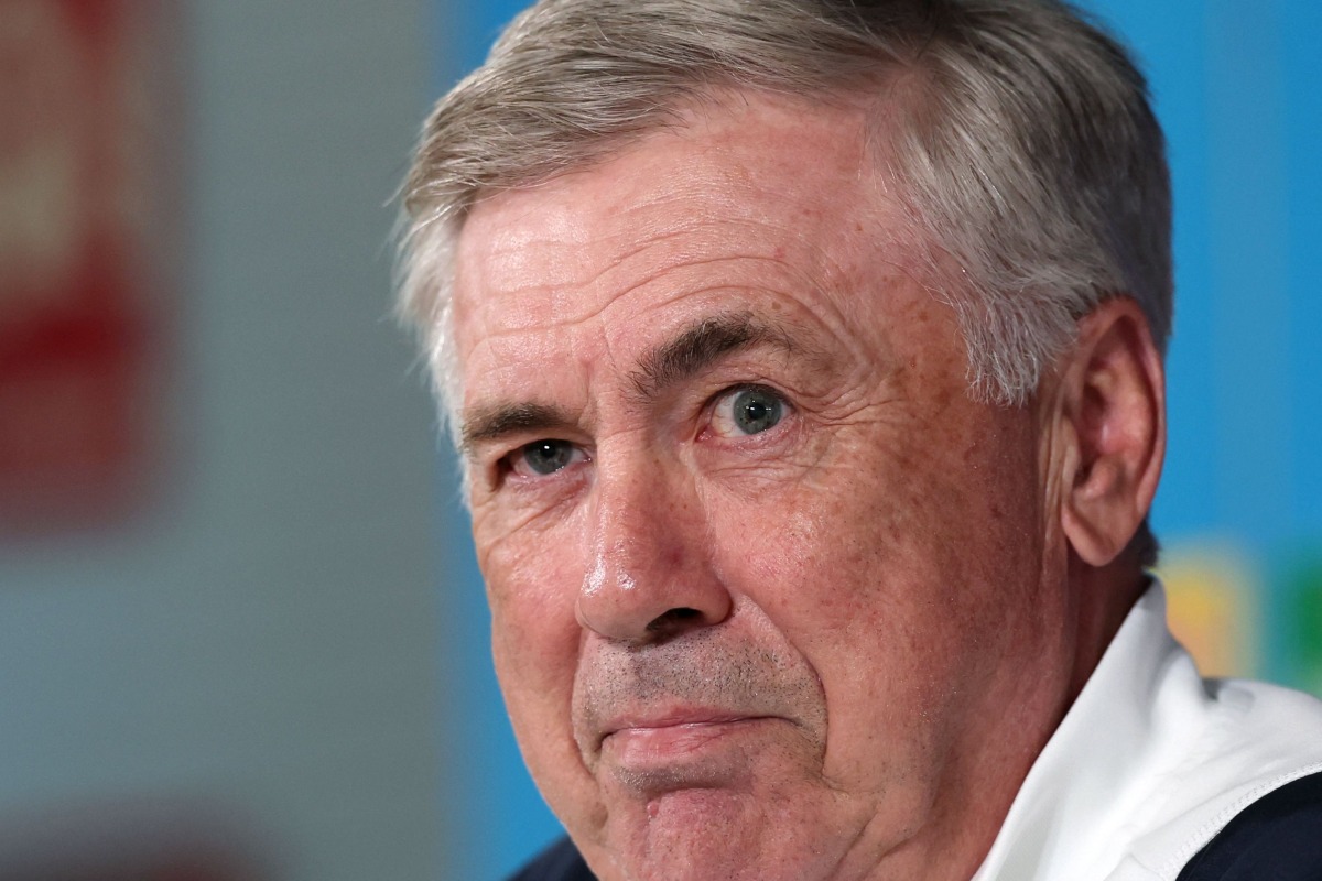 Real Madrid's Italian coach Carlo Ancelotti gives a press conference on the eve of their UEFA Champions League semi final second leg football match against FC Bayern Munich at the training ground of Valdebebass, outskirts of Madrid, on May 7, 2024. (Photo by Pierre-Philippe MARCOU / AFP)
 