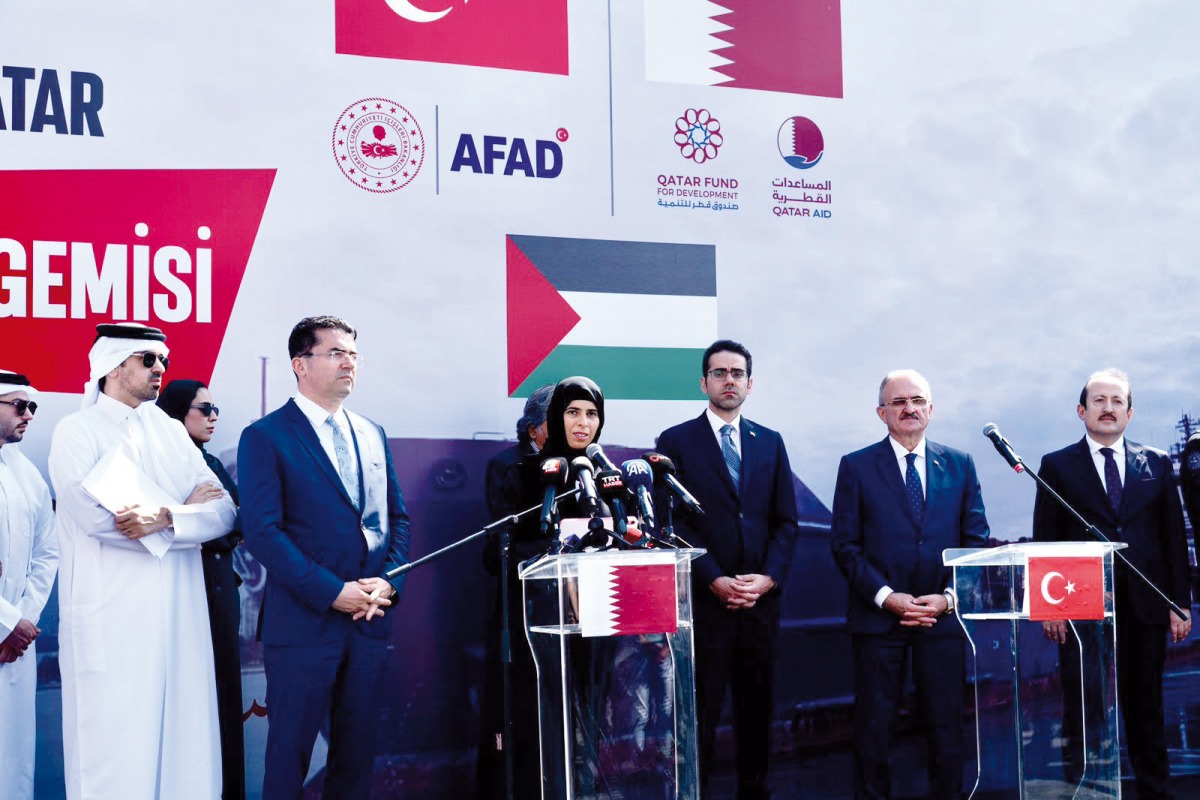Minister of State for International Cooperation at the Ministry of Foreign Affairs H E Lolwah bint Rashid Al Khater seeing off the Qatari-Turkish aid ship at Port of Mersin yesterday. 