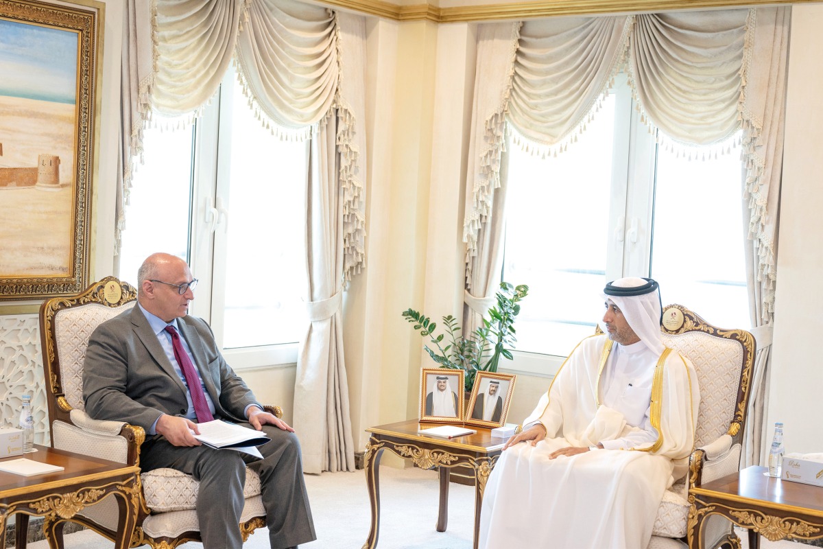 Minister of State for Interior Affairs H E Sheikh Abdulaziz bin Faisal bin Mohammed Al Thani meeting Principal Deputy Assistant Secretary of Homeland Security for International Affairs of the United States of America H E Robert Paschall, yesterday. 
