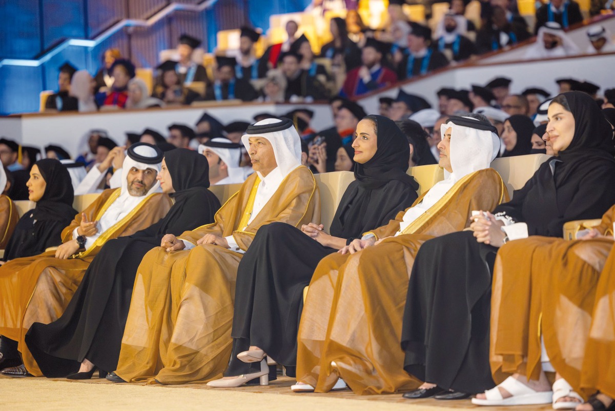 Speaker of the Shura Council H E Hassan bin Abdulla Al Ghanim (fourth right); Minister of Environment and Climate Change H E Dr. Abdullah bin Abdulaziz bin Turki Al Subaie (second right); Minister Of Education And Higher Education H E Buthaina bint Ali Al Jabr Al Nuaimi (fifth right); Minister of Social Development and Family H E Maryam bint Ali bin Nasser Al Misnad (first right); Vice-Chairperson and CEO of Qatar Foundation and Chairperson of HBKU Board of Trustees, H E Sheikha Hind bint Hamad 
Al Thani (third right); and other dignitaries at the HBKU Class of 2024 graduation ceremony held yesterday. 