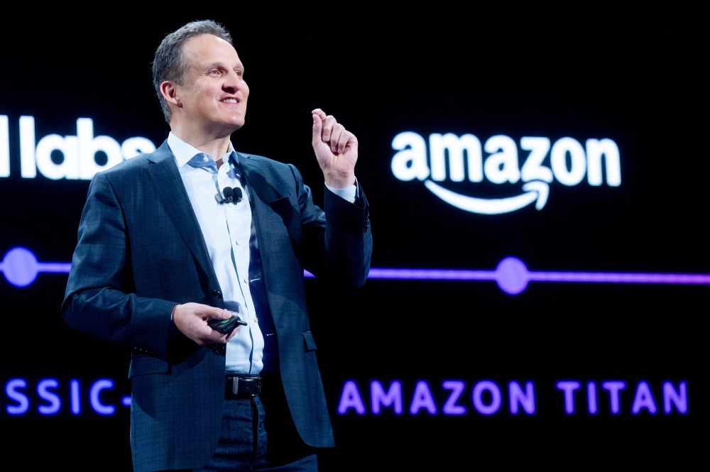 Amazon Web Services (AWS) CEO Adam Selipsky delivers a keynote address during AWS re:Invent 2023, a conference hosted by Amazon Web Services, at The Venetian Las Vegas on November 28, 2023 in Las Vegas, Nevada. Photo by Noah Berger / GETTY IMAGES NORTH AMERICA / AFP