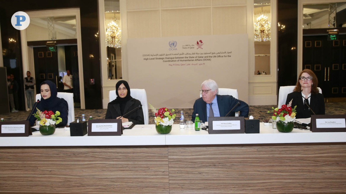 Minister of State for International Cooperation at the Ministry of Foreign Affairs H E Lolwah bint Rashid Al Khater and United Nations Under-Secretary-General for Humanitarian Affairs and Emergency Relief Coordinator H E Martin Griffiths during the high-level strategic dialogue between Qatar and OCHA held in Doha yesterday. Pic: Rajan Vadakkemuriyil / The Peninsula