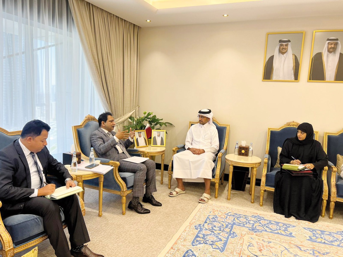 Minister of Justice and Minister of State for Cabinet Affairs H E Ibrahim bin Ali Al Mohannadi (centre) meeting Ambassador of Bangladesh H E Md Nazrul Islam (left) yesterday. 
