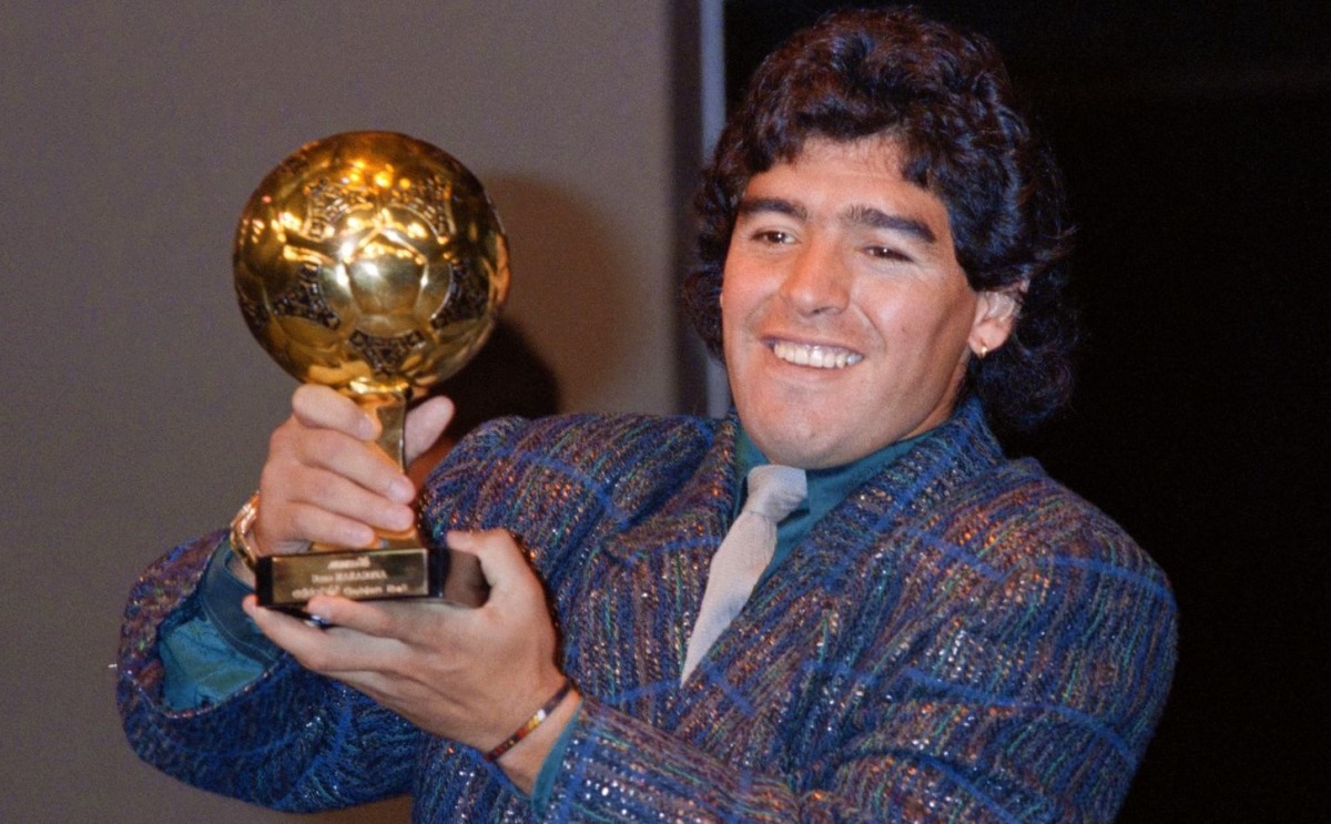 Diego Maradona with his Golden Ball trophy at the Lido in 1986. (File photo: Pascal George/AFP/Getty)