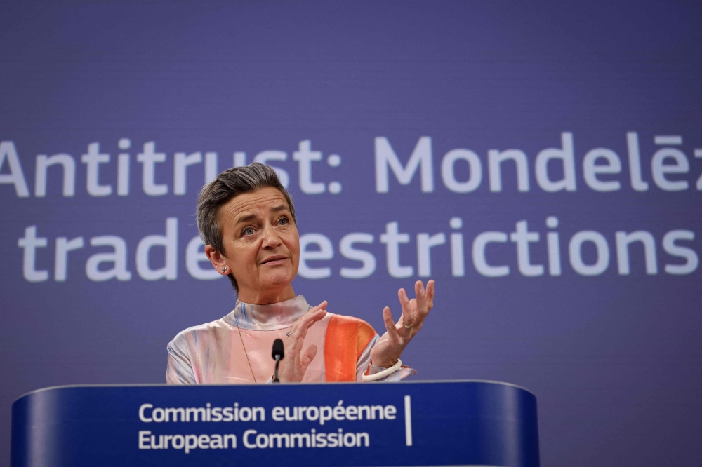 European Commission vice-president Margrethe Vestager addresses a press conference on an antitrust case at the EU headquarters in Brussels, on May 23, 2024. (Photo by Kenzo Tribouillard / AFP)